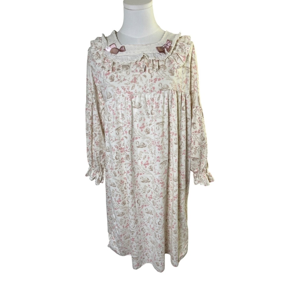 Cottagecore Toile Nightgown Lace Ruffle Bow Long Sleeve‎